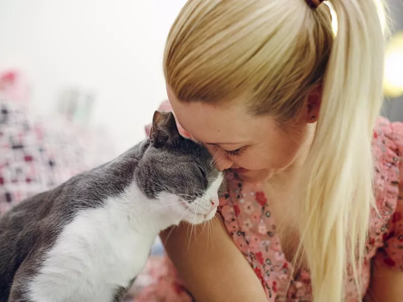 Woman pet owner cuddling with cat
