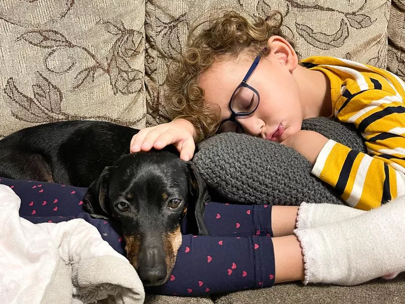 Kids and dog lying on the sofa together