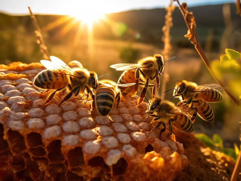 Bees on a honeycomb with the setting sun