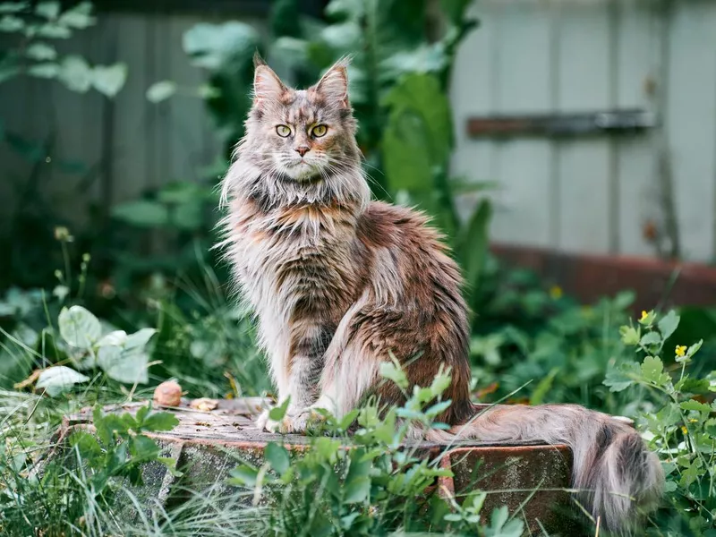 Maine coon cat in garden plot